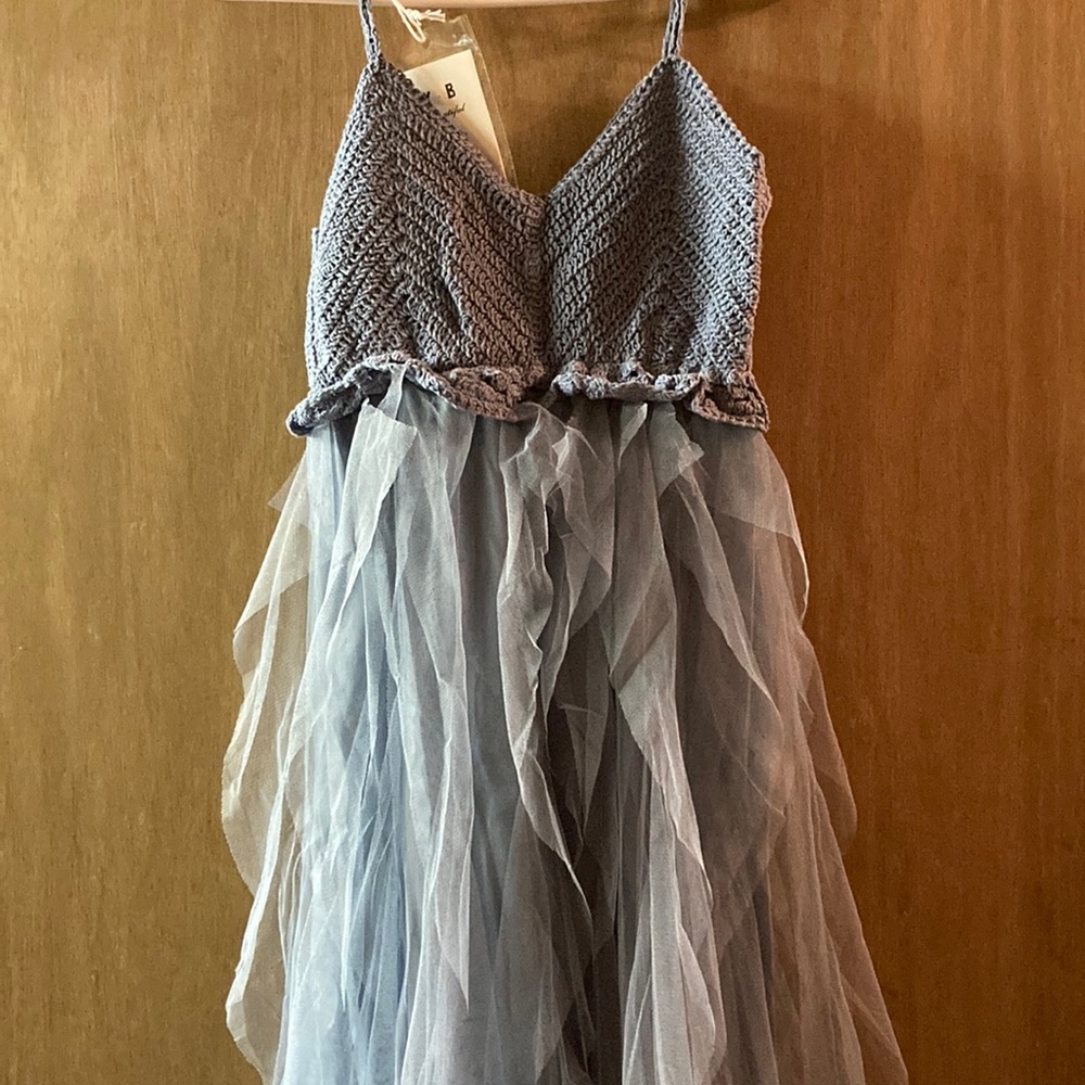Blue knitted top dress with tiered bottom and satin slip